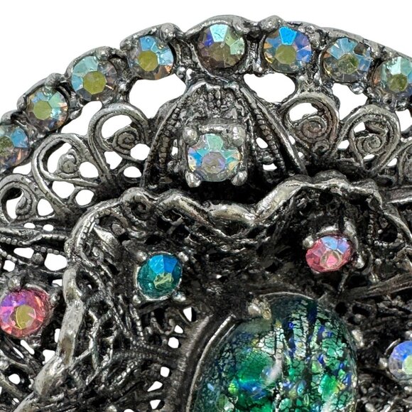 Musi Rhinestone Shoe Clips Filigree Aurora Borealis Faux Opal Cabochon Vtg 1960s - Picture 10 of 10